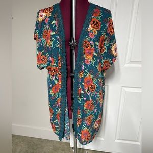 Xhilaration floral kimono cover up with lace trim - teal/orange